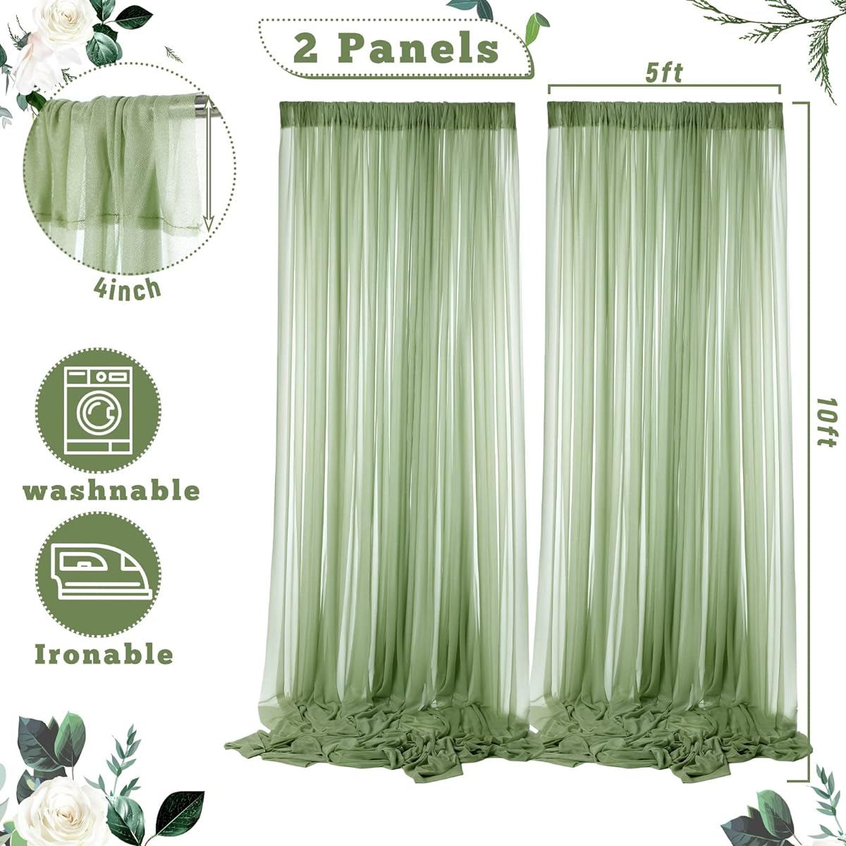 BBTO 2 Panel Green Background Curtain Sage Green Background Polyester Window Curtain for Wedding/Party/Birthday/Bridal Shower Decoration 5ft x 10ft