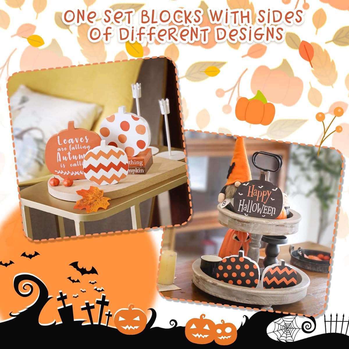 Thanksgiving Pumpkin Wood Sign for Table, Reversible Fall Halloween Table Decor, 3 Piece Farmhouse Pumpkin Block Decor, Harvest Fall Fireplace Shelf Mantle