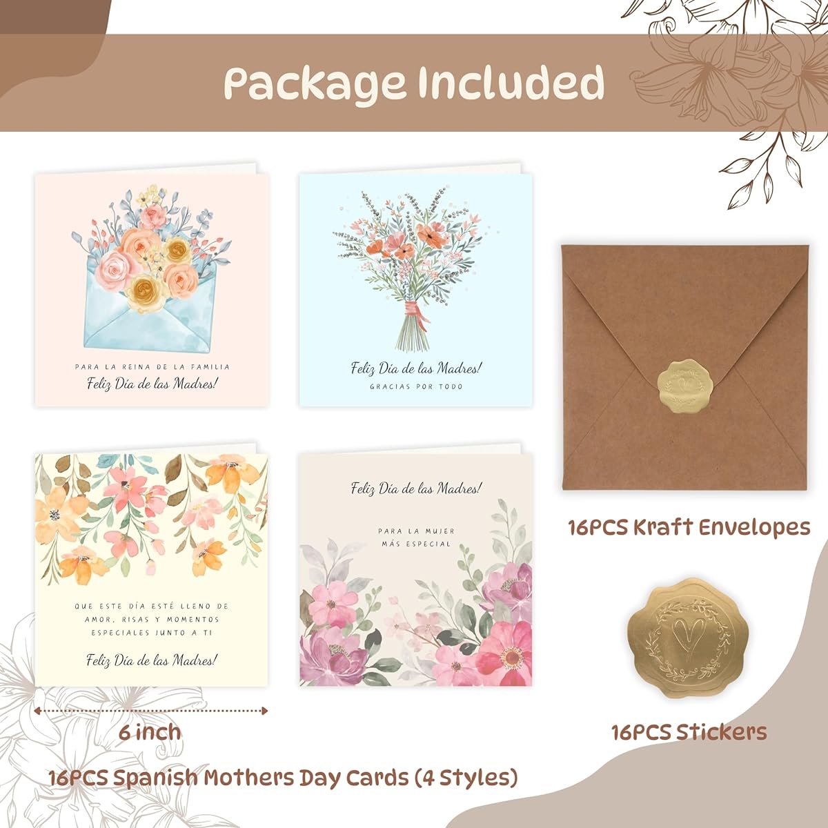CCAMSSELY Spanish Mother's Day Cards - 16 Pack Flower Happy Mother's Day Cards with Envelopes for Mom, Daughter, Wife, Grandmother, Sister, Friend, Aunt, Nana, Grandmother