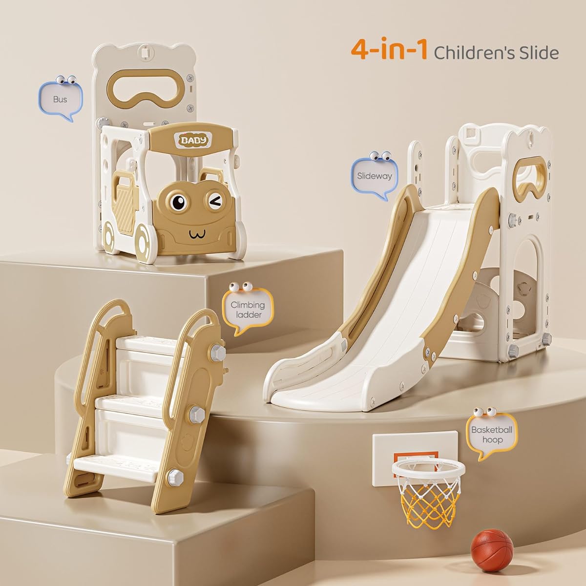 Lischwert Toddler Slide Indoor Slide Playground Set for Kids Outdoor Slide Freestanding Playset 4 in 1 Slide Basketball Hoop Bath Playhouse Climber for Ages 1+ Backyard (Coffee)