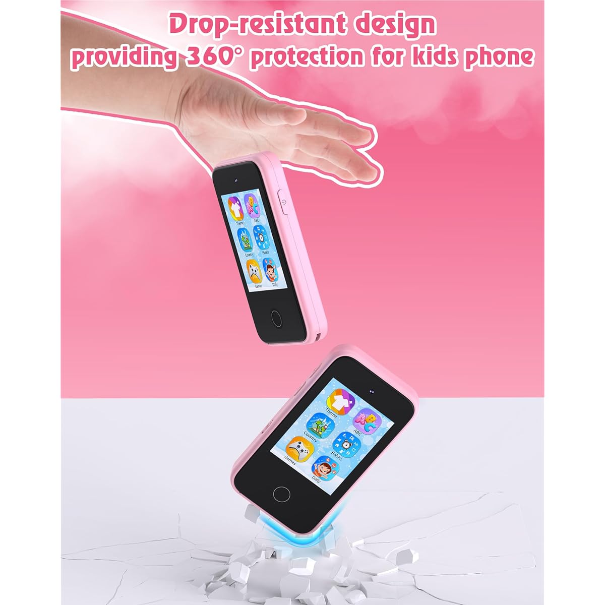dancingcow kids smartphone, pink toddler mobile phone with dual camera
