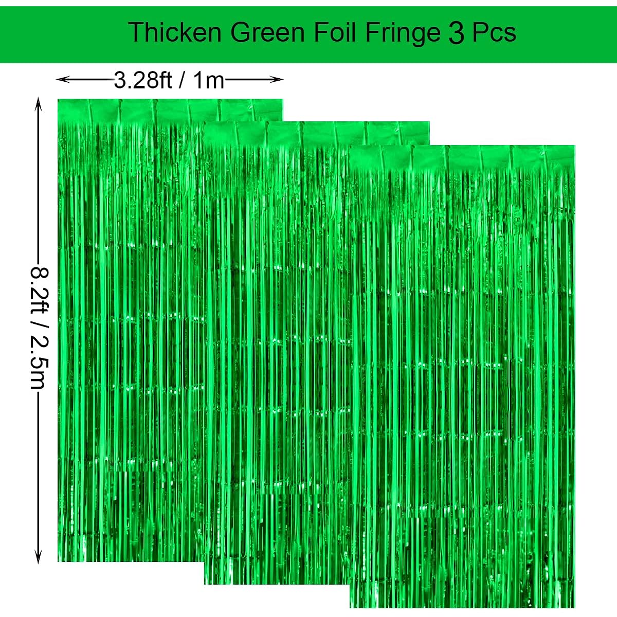 3 Pack Green Heavy Foil Fringe Curtain Decoration 3.3x8ft Photo Backdrop Birthday Bachelorette Bridal Shower Baby Shower Graduation Party Stream Decor
