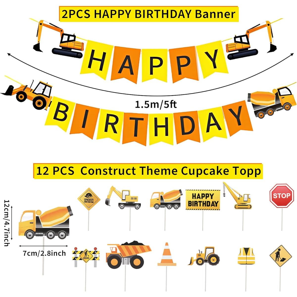 Construction Birthday Party Supplies Set, Construction Foil Balloons, Dump Truck, Birthday Banner and Cake Topper, 3 Year Old Birthday Party Decorations for Boy/Girl/Baby Show