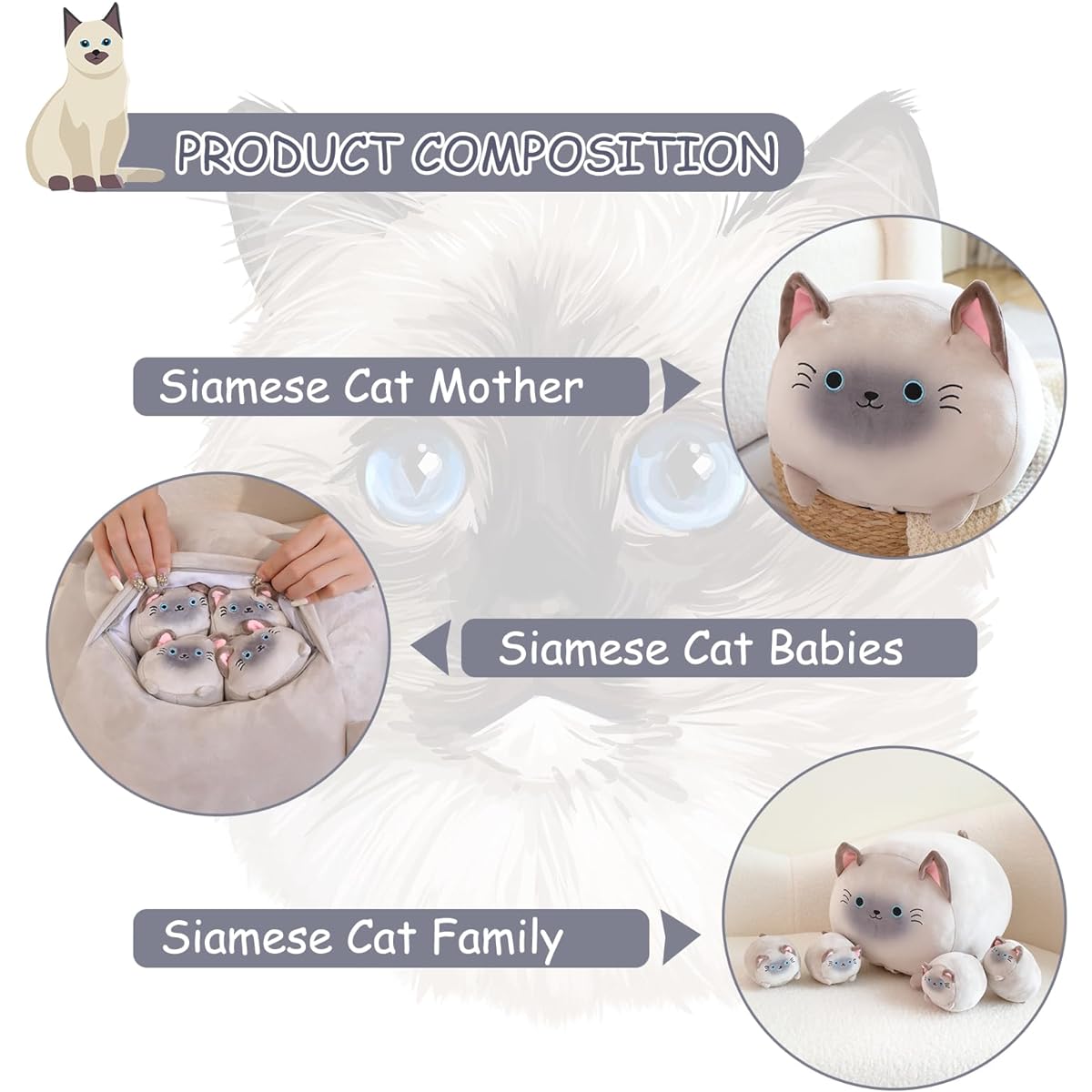 TOYSYM Siamese Cat Plush Toy, 4 Baby Siamese Cats, Belly Stuffed Animal, Huggable Cartoon, Cuddly Body Pillow Gift, for Girls and Boys