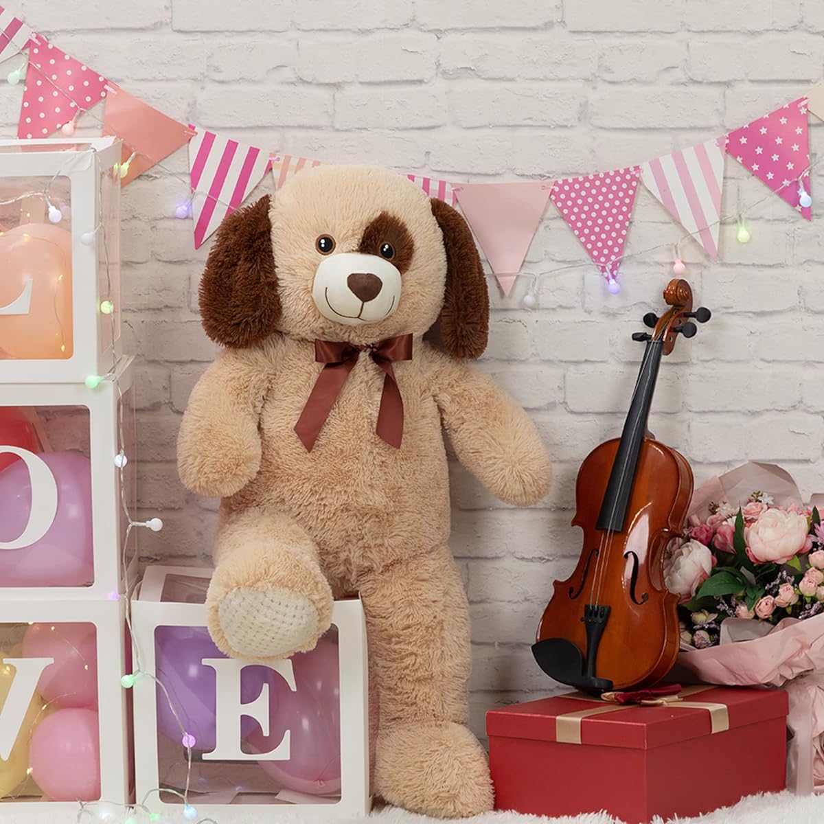 WENMOTDY Giant Dog Stuffed Animal, Large Puppy Stuffed Animal with Ribbon, Cuddly Toy, Gift for Kids and Girlfriends, Tan, 39 Inch