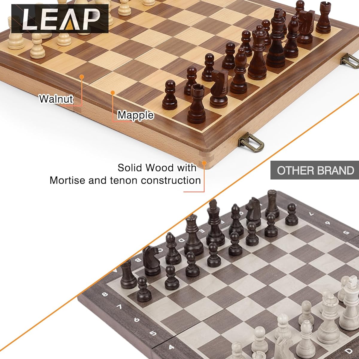 LEAP Wooden Chess Set - 15" Walnut & Maple Folding Chess Board with 2 Queens | Wooden Chess Set | Chess Board Set | Adult Chess Set | For Adults & Kids