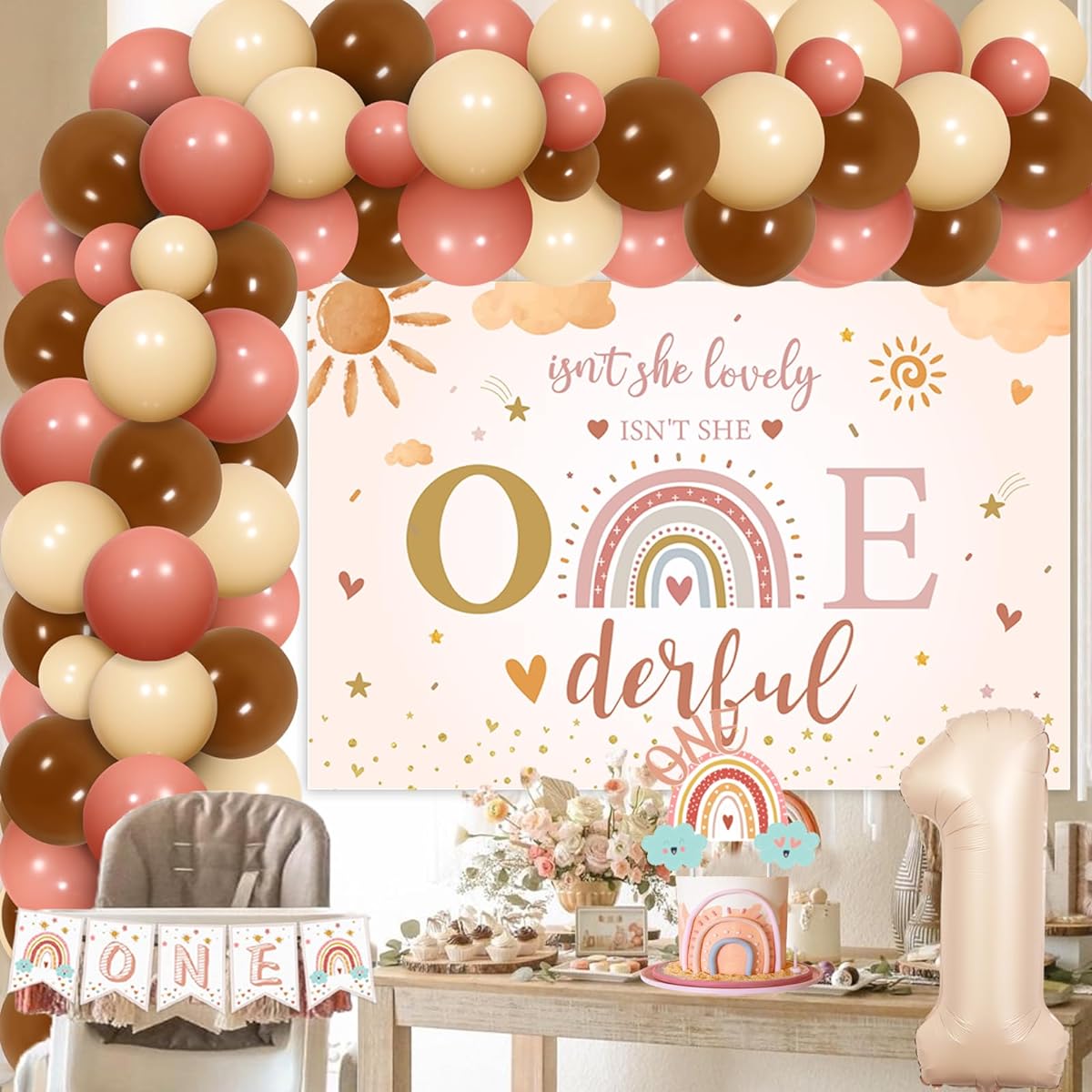 Isn't She Lovely Isn't She Onederful Decor Boho First Birthday Decorations Pink Brown Balloon Garland Kit with Backdrop Number 1 Foil Balloon Rainbow Cake Topper Highchair Banner