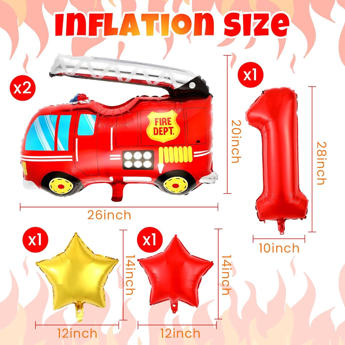 Fire Truck 1st Birthday Party Decorations, 5pcs Firefighter Truck Number 1 Foil Balloons for Kids Boys Fireman Engine Rescue Theme Fire Engine 1st Birthday Supplies