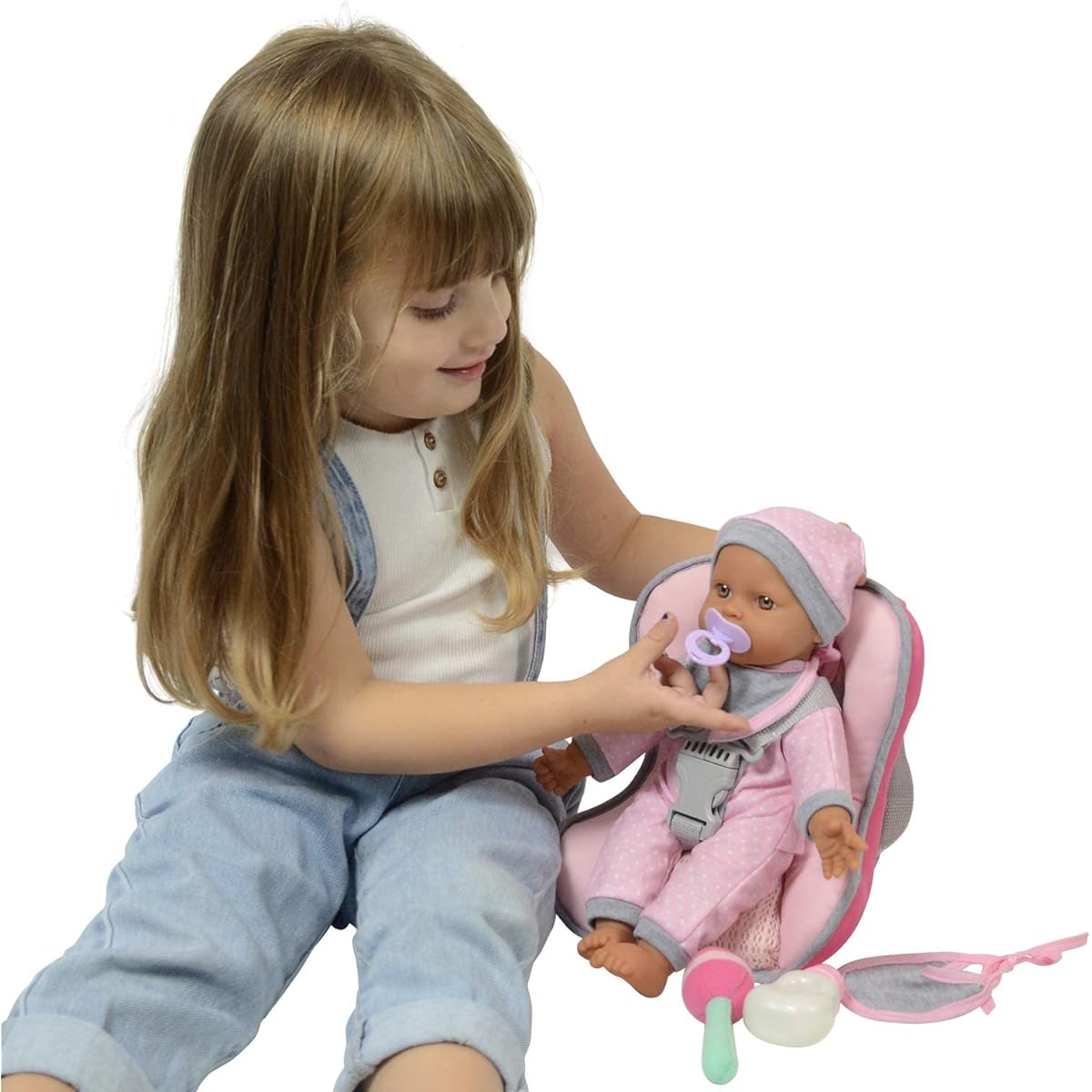 Doll Travel Playset - Baby Doll Car Seat Carrier Backpack with 12" Soft Body Doll, Doll Bottle and Toy Accessories (Hispanic)