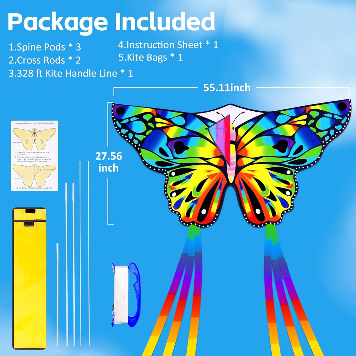 MGparty Butterfly Kite for Kids & Adults, Super Easy to Fly Kite, 55" x 28" Large Kite with 332' Kite String for Outdoor Games and Activities
