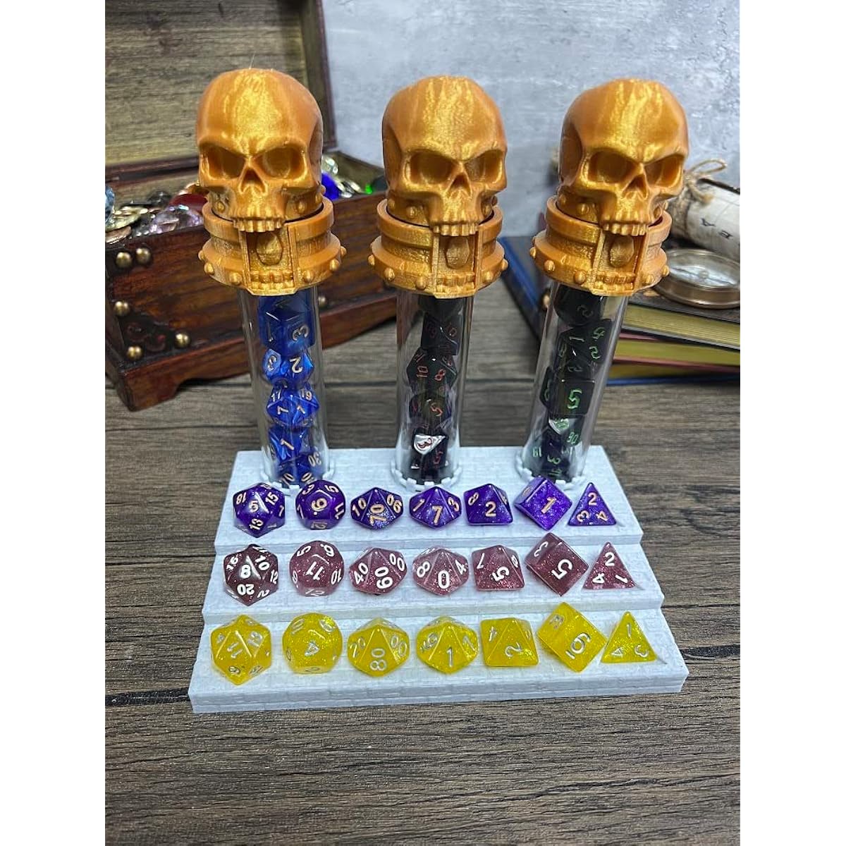 MunnyGrubbers - Dice Display Rack Shelf - Dice - Dice Holder - (Includes 3 x Random 7 D20 Dice Sets) - Displays up to 3 Sets of Dice and Vials - Dungeons and Dragons - DND - D&D - (Silver)