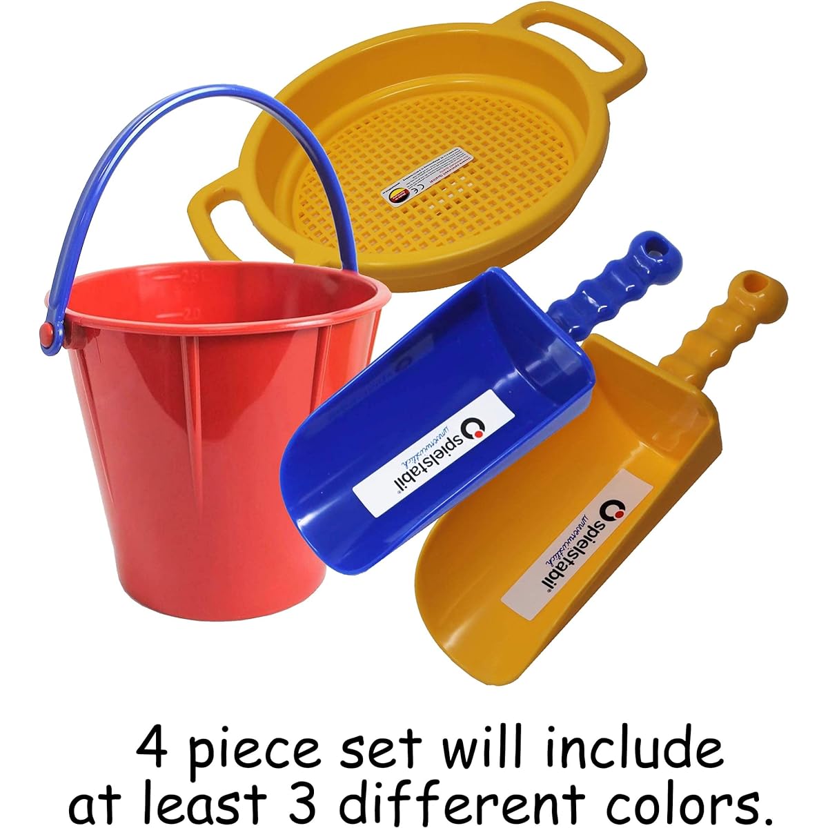 Spielstabil Sand Play Set - Large Pail, Large Sieve, 2 Large Scoops (Colors May Vary)