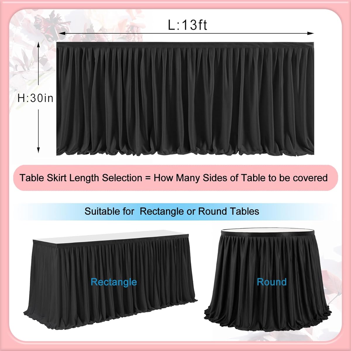 Black 13ft Table Skirt for Rectangular Tables Pleated Tablecloth Skirt for Baby Shower, Baptism, Wedding, Birthday Party, Banquet, Gender Reveal Supplies, Desk, Dessert, Cake Decoration
