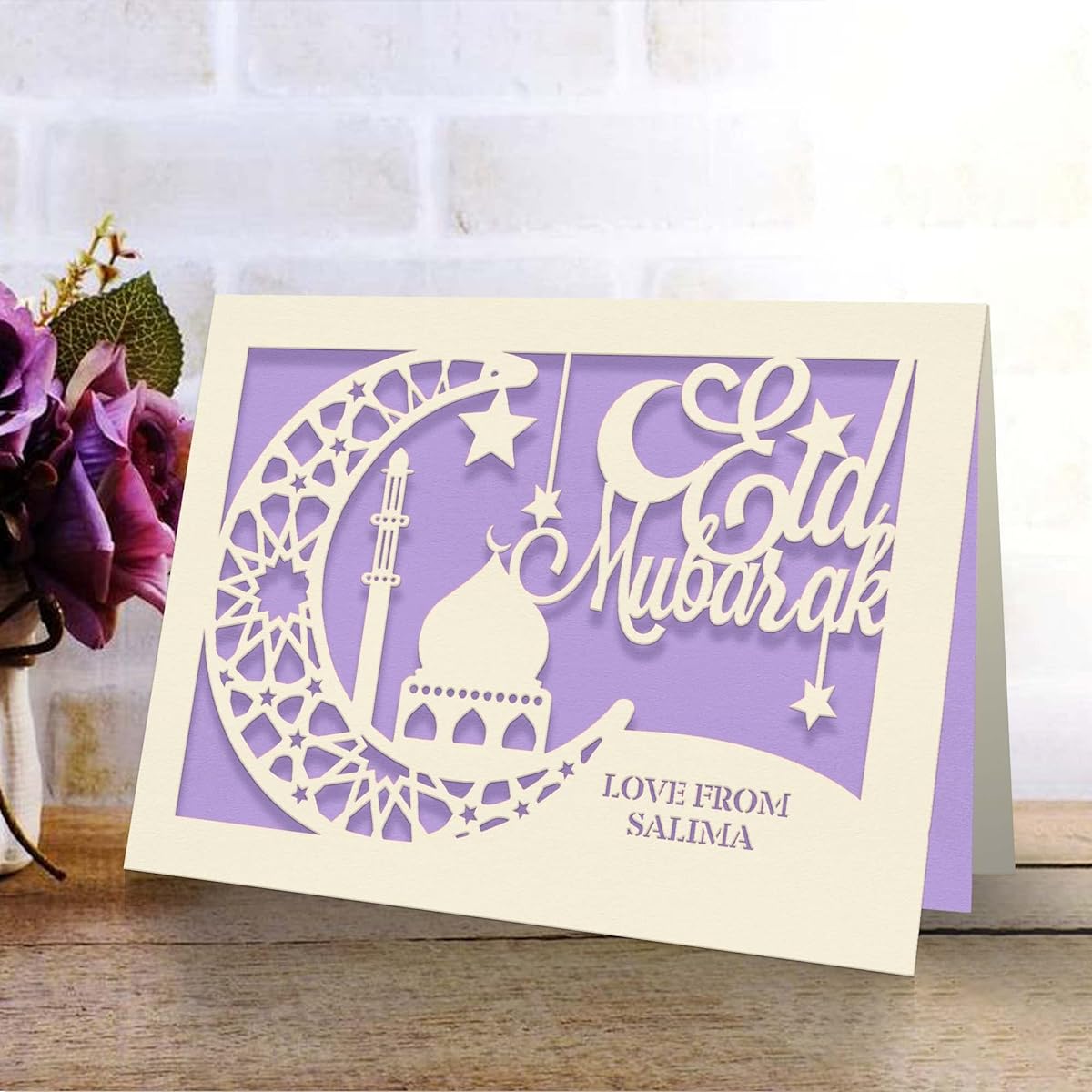 EDSG Eid Mubarak Cards, Eid Mubarak Cards for Muslim Kids, Ramadan Gifts, Mubarak Hajj Kareem Custom Cards for Her, Women, Boys, Daughter, Mother, Wife, Friend with Crescent Moon (Lilac Purple)