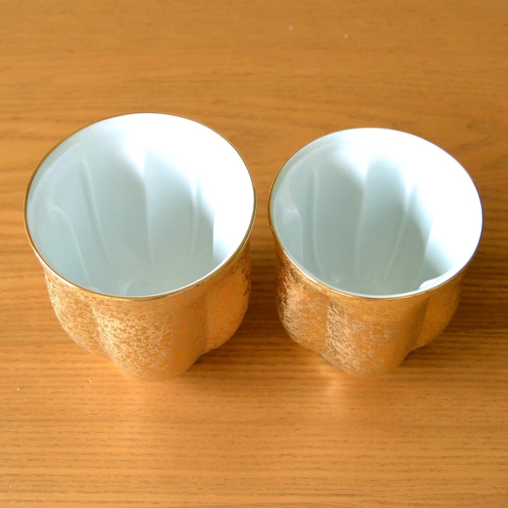 Golden Wedding Present Teacup Couple Teacup Arita Ware Cherry Blossom Shape Pair Gold Color Noshi and Message Card Included Wooden Box