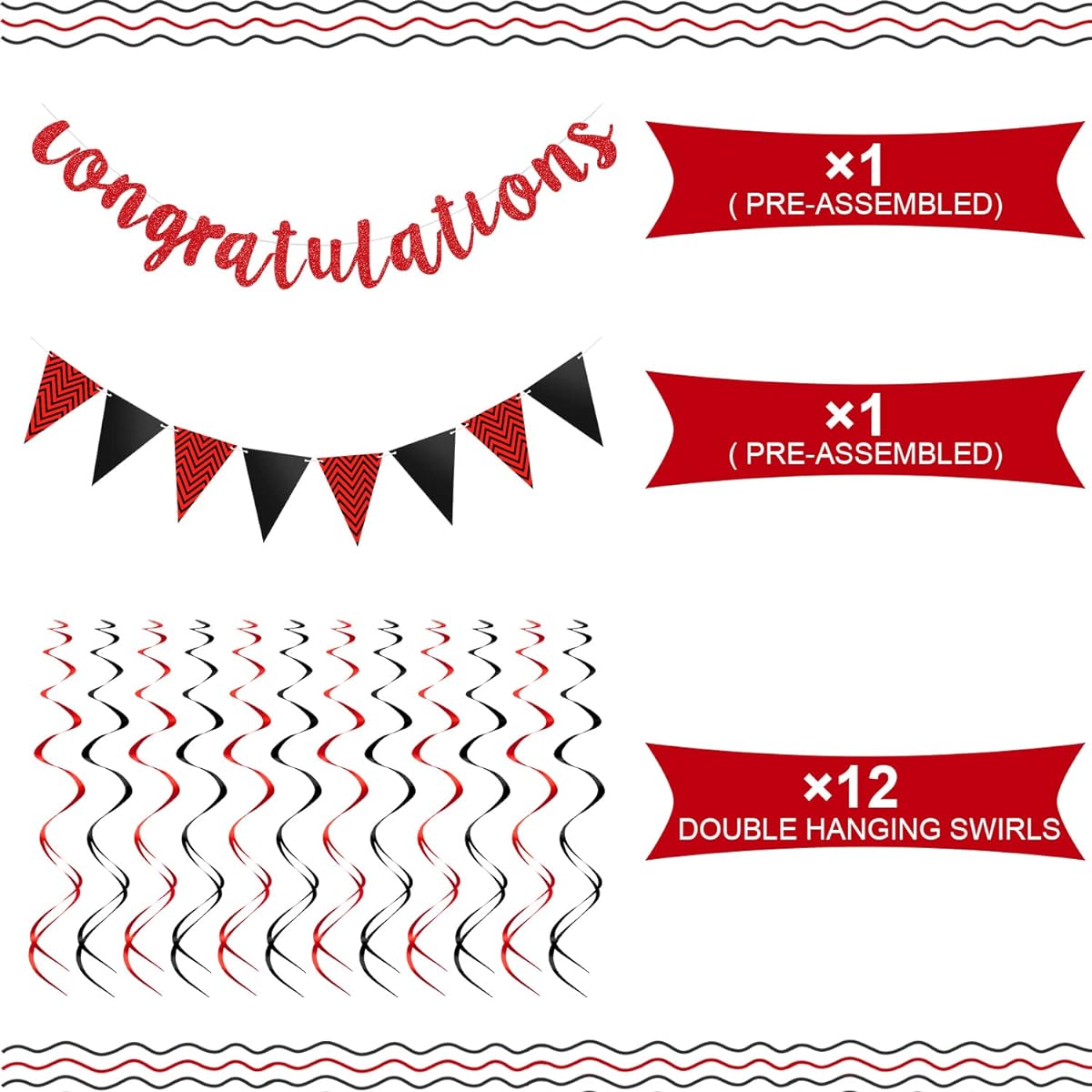 Glitter Congratulations Banner Triangle Flag 12 Drop Swirls Wedding Retirement Graduation Anniversary Party Decoration (Black, Red)