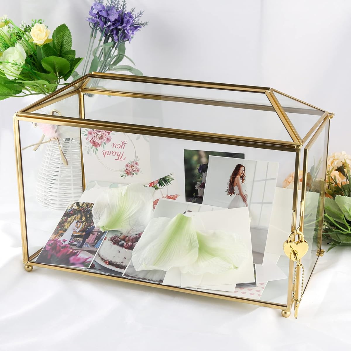 Vetoo 10.2 x 8.3 x 5.9 inch Gold Glass Card Box with Lock and Slot Wedding Card Box for Reception Graduation Gift Card Party Baby Shower Clear Geometric Terrarium Centerpiece Gift