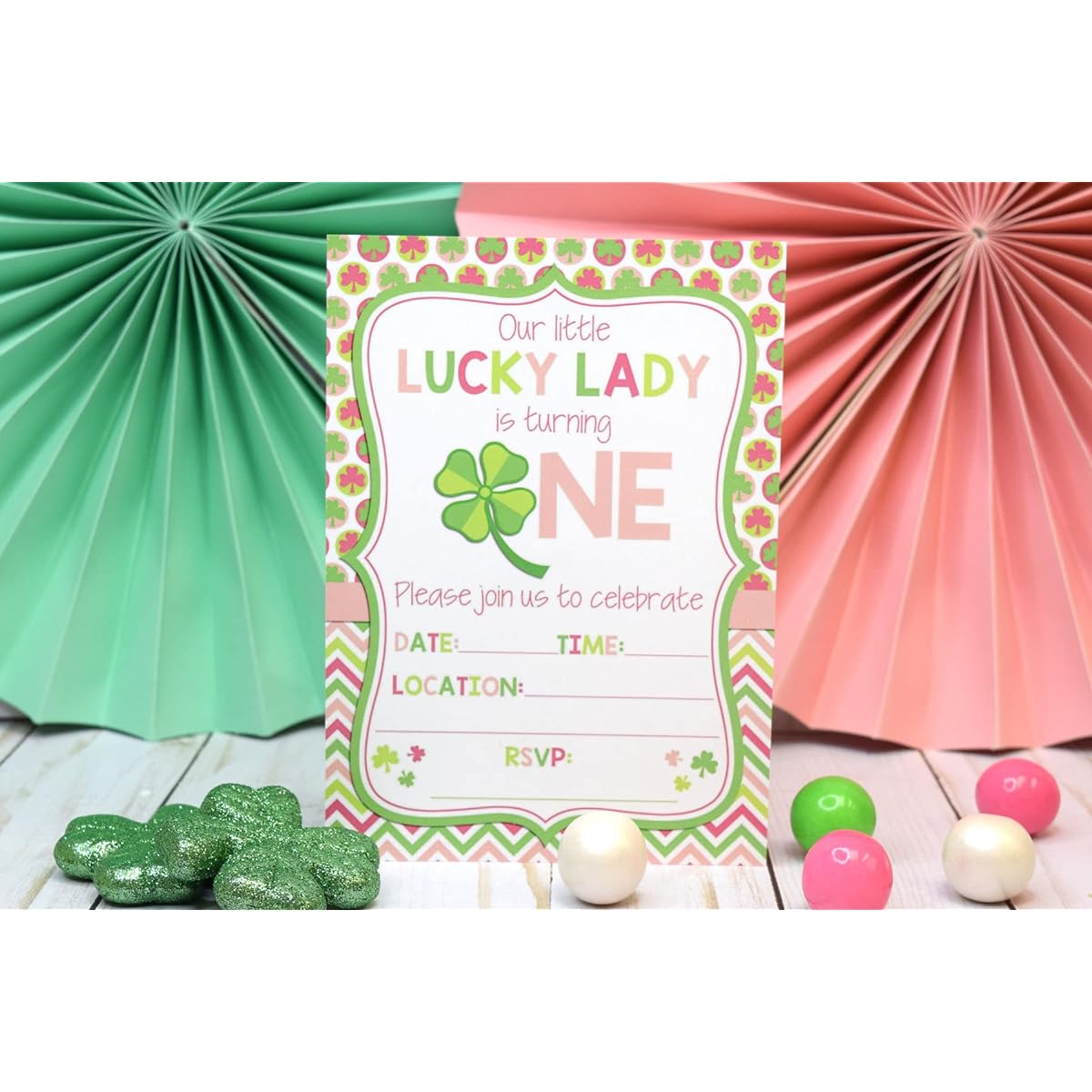 AmandaCreation Lucky Lady First Birthday Clover St. Patrick's Day Party Invitations for Girls 5"x7" Includes 20 Cards and 20 White Envelopes