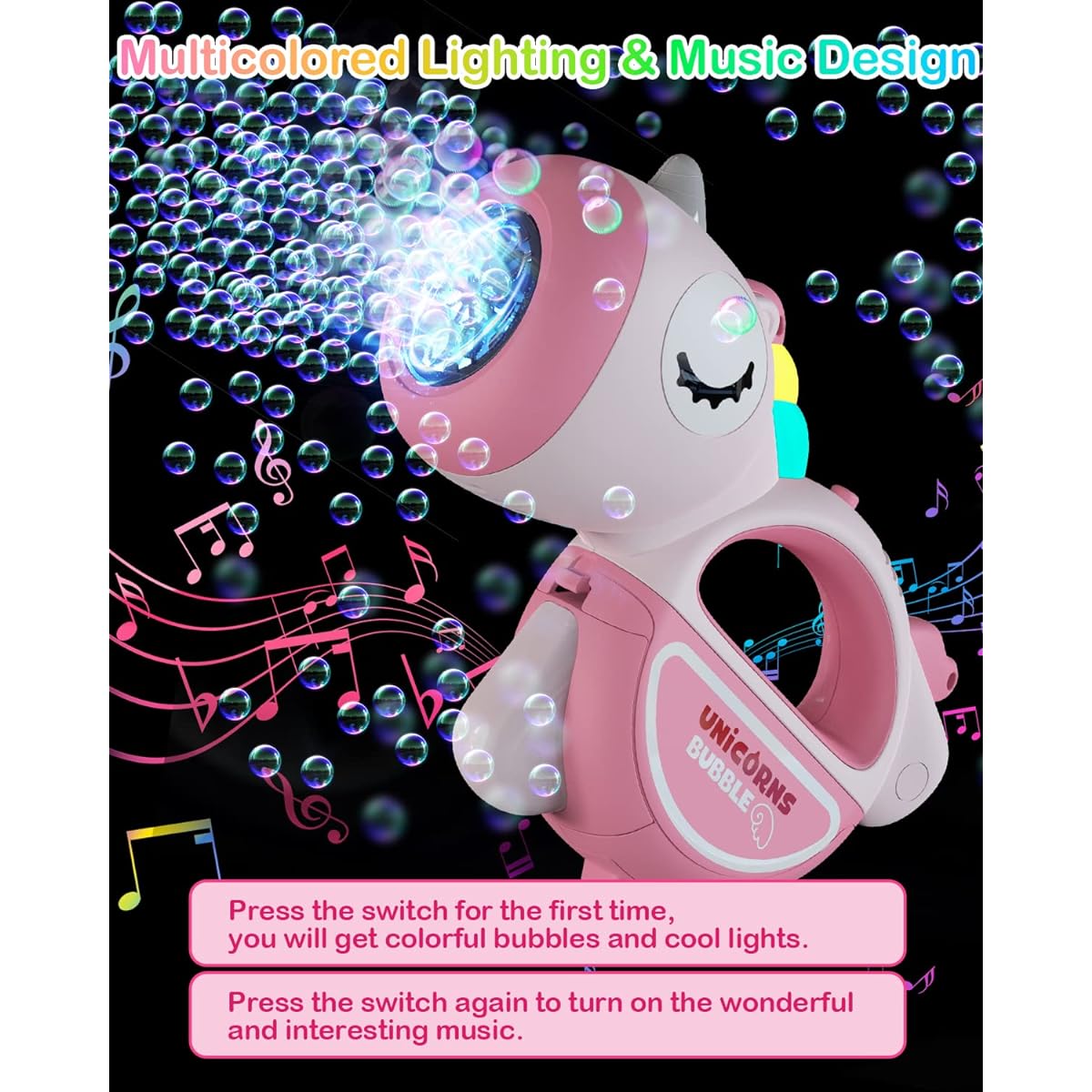 Bubble Machine Gun with Light Music, Portable Unicorn Bubble Machine for Kids Toddlers 1-3 Years 4-8 Years 360° Leak-Proof Automatic Bubble Blower Bubble Solution for 3 4 5 6 7 8 Years Outdoor Toy Gift