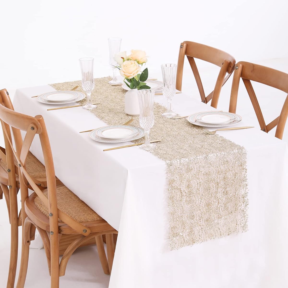 Champagne Gold Sequin Table Runner 6 Pack 16x120 Inch Glitter Metallic Sequin Runner Sparkly Mesh Table Runner for Summer Everyday Use Banquet Party Decorations