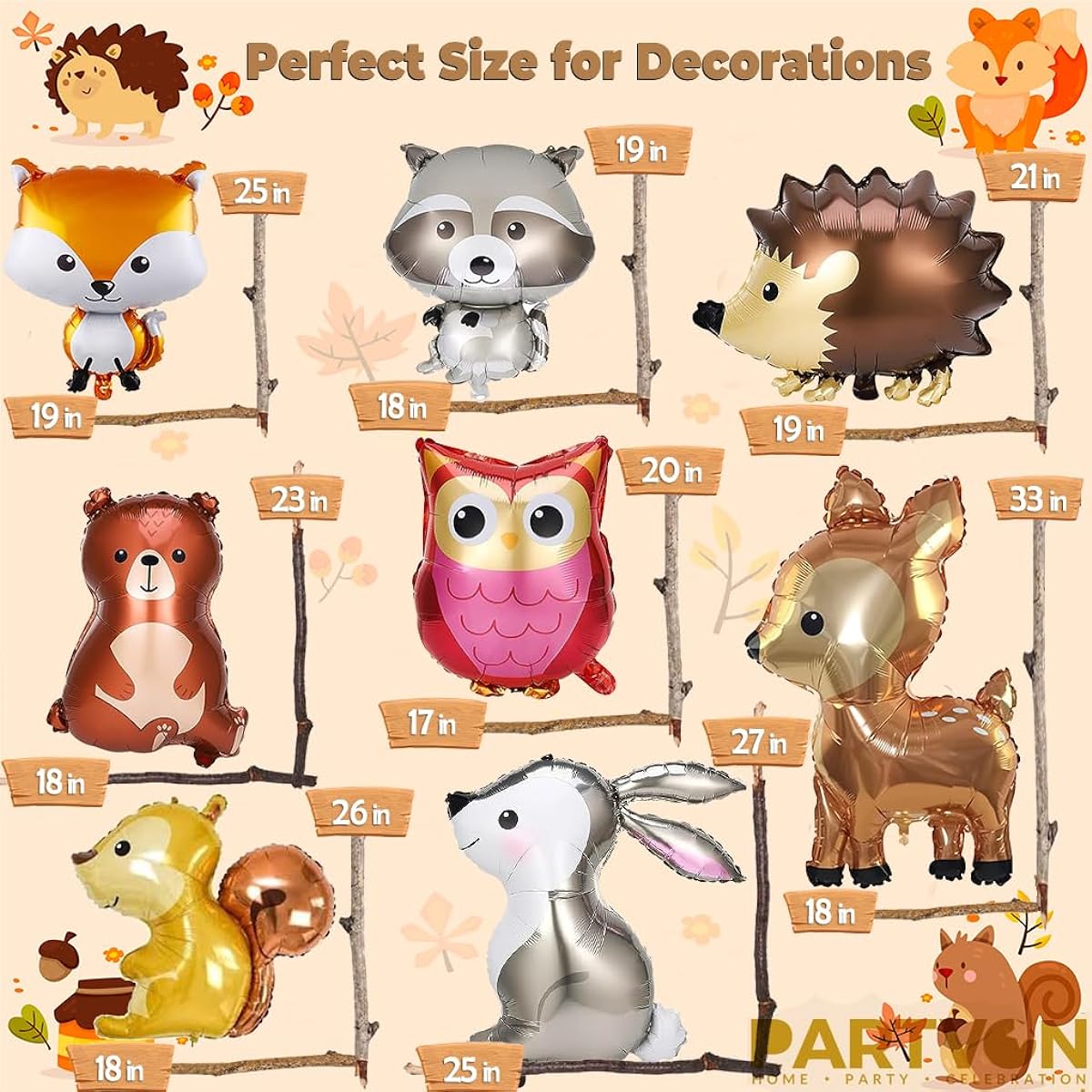 13 Woodland Animal Balloons, Woodland Animal Foil Mylar Balloons for Woodland Theme Baby Shower Birthday Party Decorations