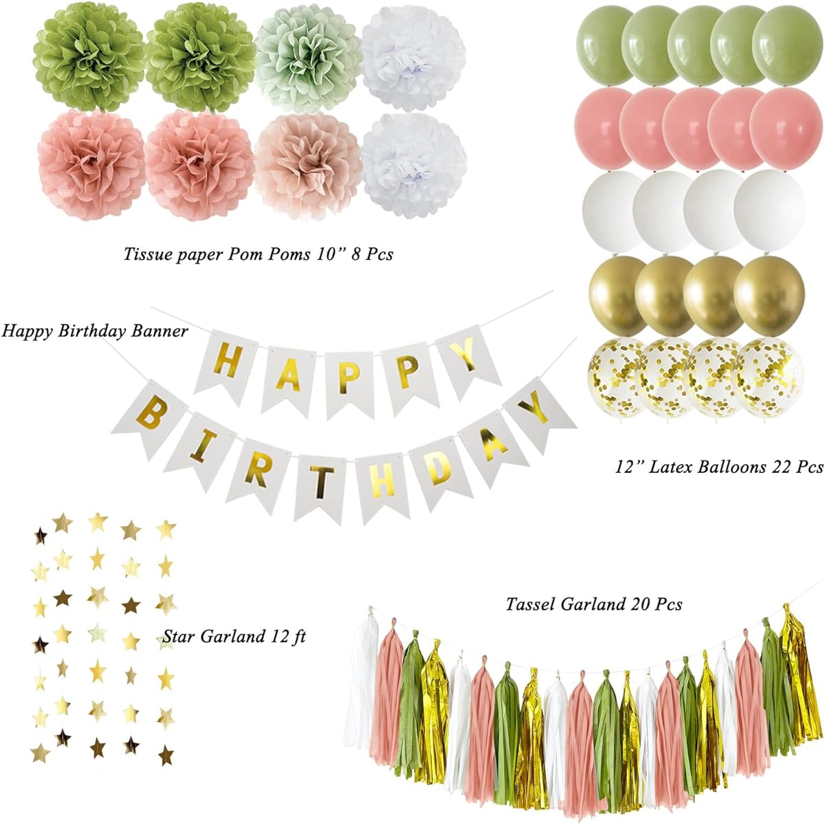 ANSOMO Sage Green and Retro Pink Happy Birthday Party Decorations, White Rose Avocado Olive Blush Gold, Gender Neutral Rustic Decor Supplies for Adults/Women/Girls