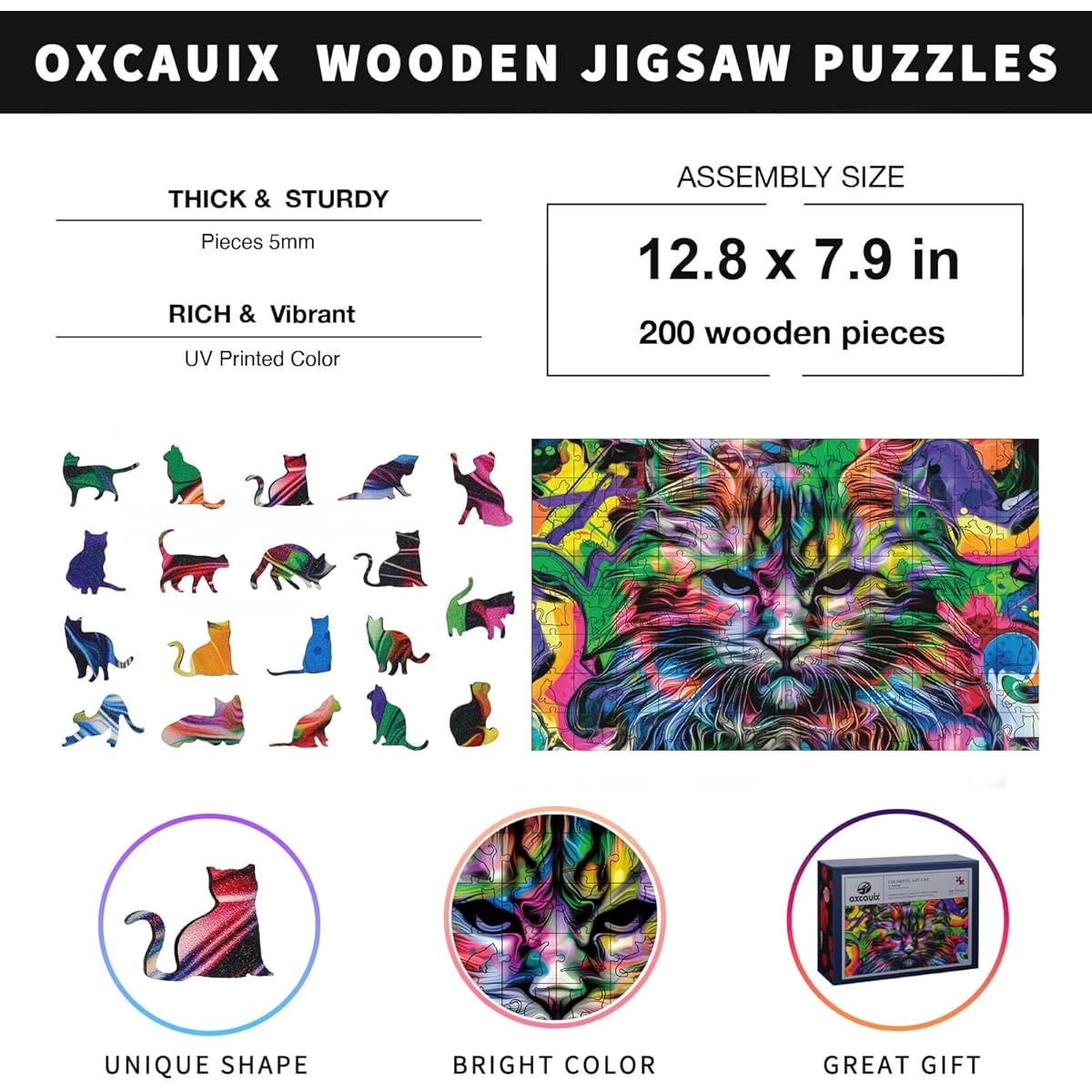 Oxcauix Cat Wooden Jigsaw Puzzle for Adults and Teens - 200 Pieces Uniquely Shaped Wood Cuts, Vibrant Colors, Medium 12.8" x 7.9" Beautiful Gift Packaging