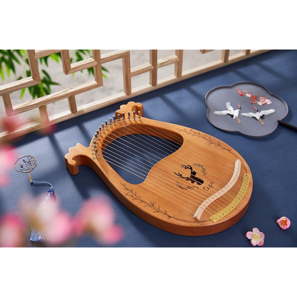WowZza Lyra Harp, Binaural Antler Lyra 16 Metal String Mahogany Body Lyra All Accessories Included