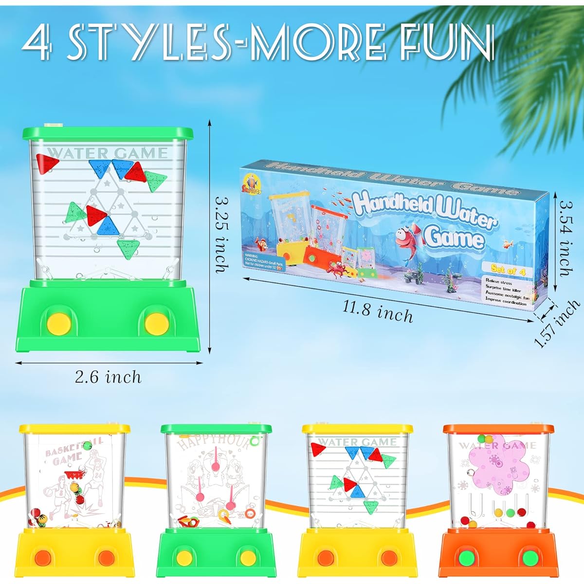 Handheld Water Game Arcade Water Ring 4 Pieces Beach Toys Fish Rings Party Favors Fun Game Basketball Fun Gifts No Water Gift Boxed 2.6 x 3.25 Inch (Vivid Style)