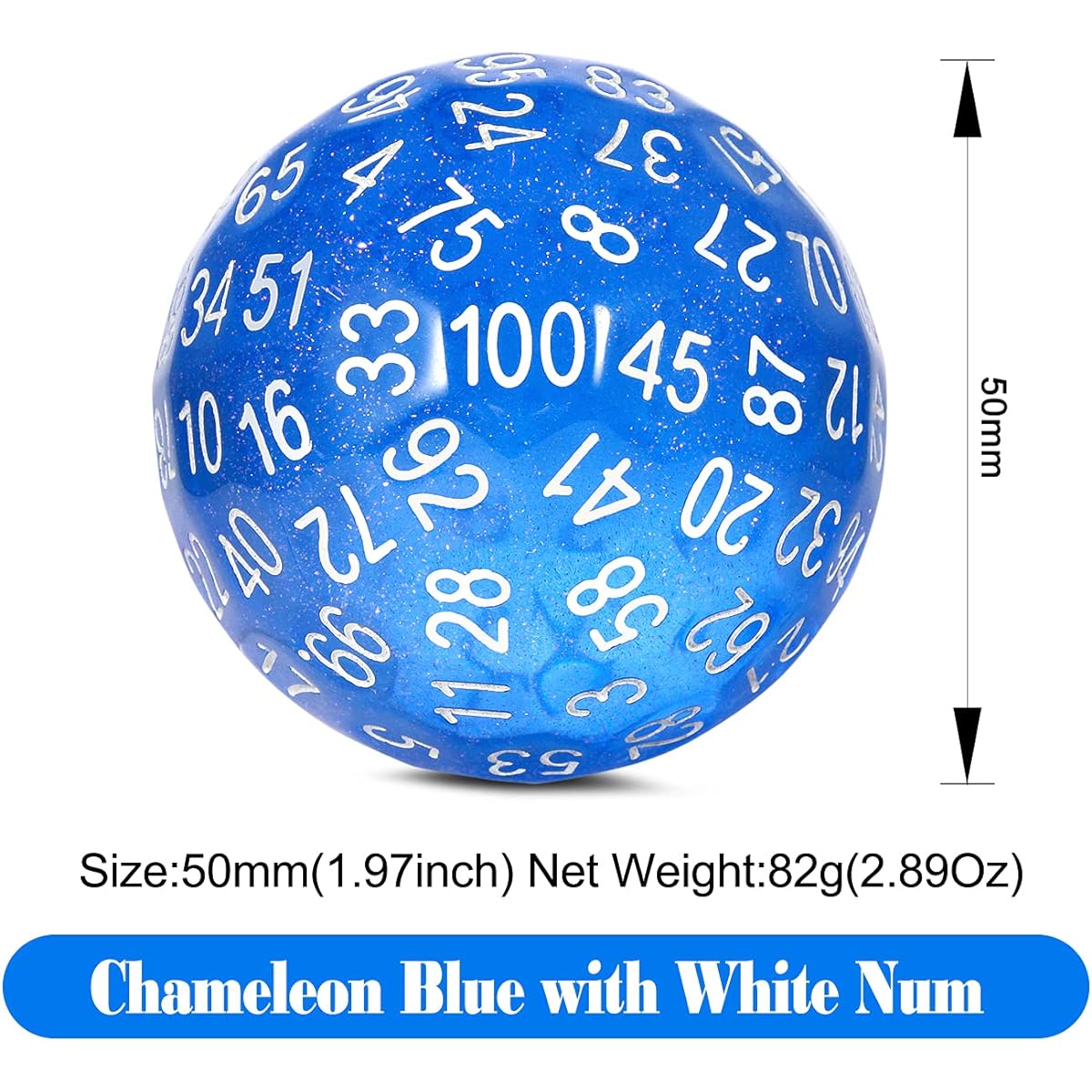 D100 Dice Glitter Blue DND100 Dice with Translucent Pouch for Dungeons and Dragons Chameleon Blue with White Numbers