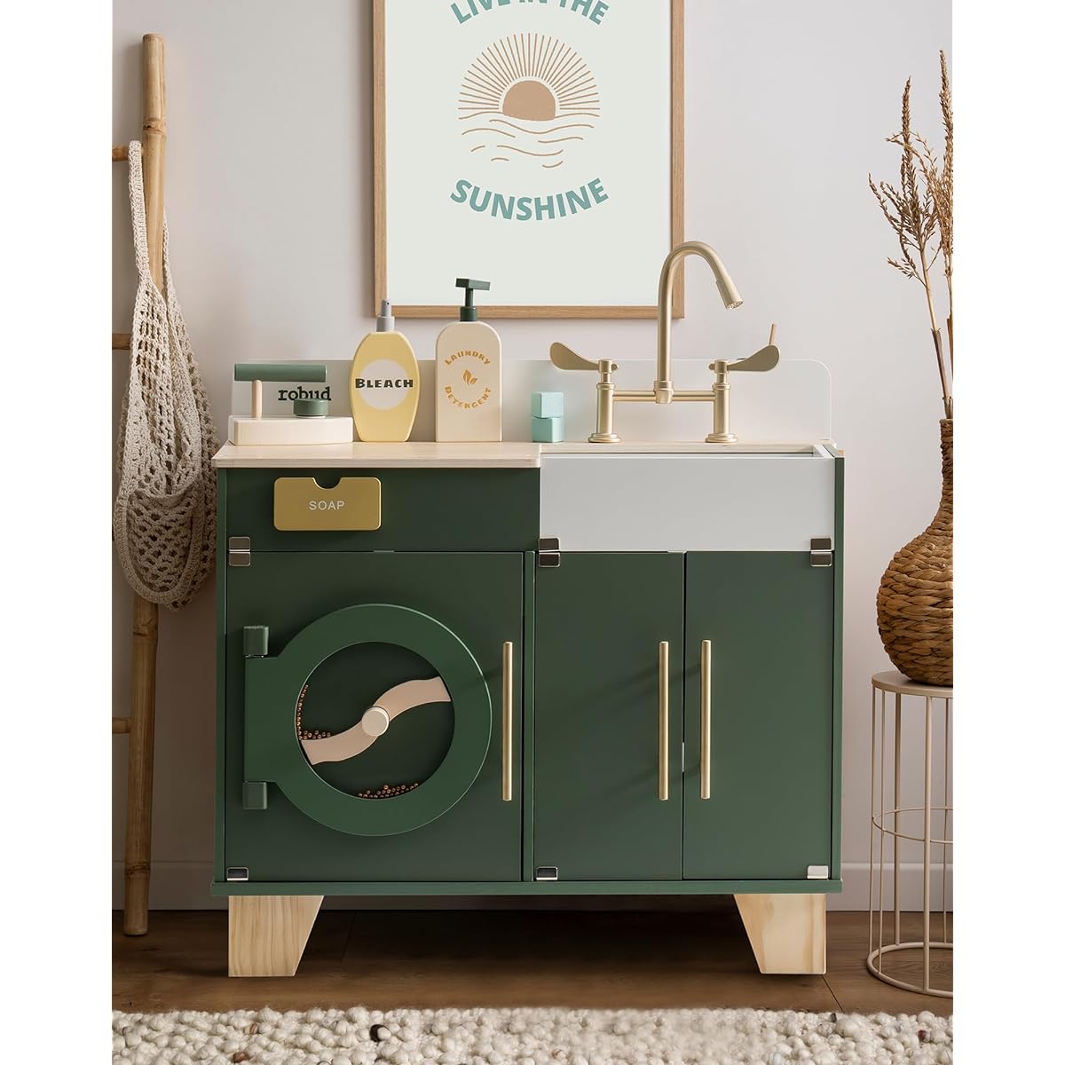 ROBUD Kids Kitchen Playset Vintage Wooden Multifunctional Washing Machine Toddler Pretend Kitchen Toy with Accessories Baby Gift 3 4 5 6 7 8