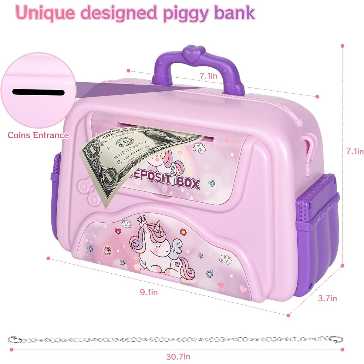 Supedpz ATM Money Box Electronic Mini ATM Machine Password & Fingerprint Unlock Unlocked ATM Bank Electronic Coin Can with Lights, Music and Chain Shoulder Strap (Purple Unicorn)