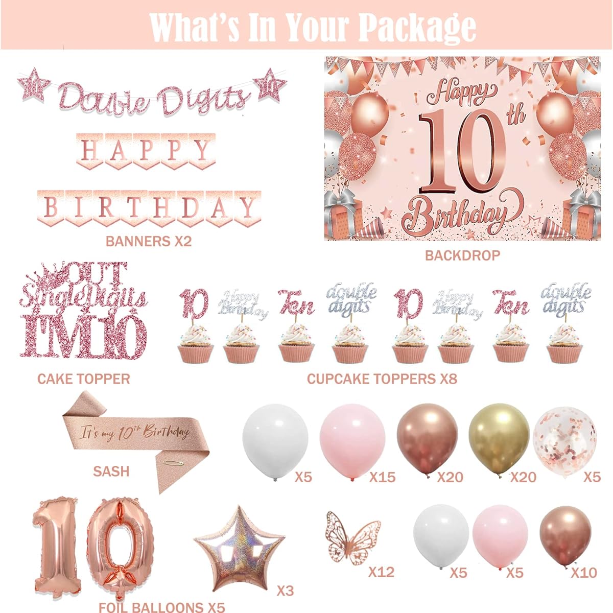 Hombae 10th Birthday Decorations for Girls 120 Pieces 2 Digit Birthday Decorations Girl 10 Pieces Background Balloon Garland Glitter Banner Cake Cupcake Topper Its My 10th Birthday Sash Rose Gold
