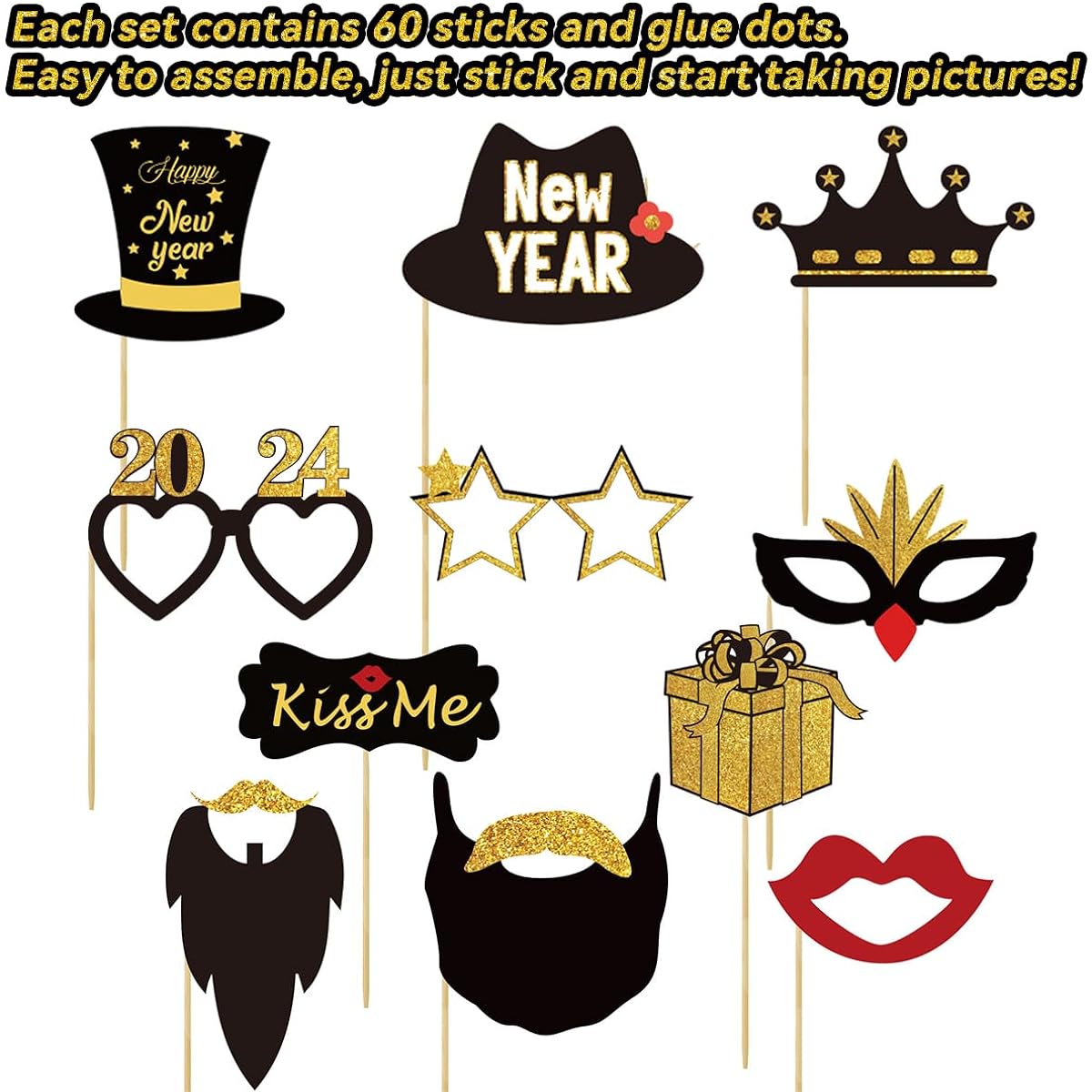 2023 New Year Photo Booth Props Kit 54 Pieces Funny New Year's Eve Party Photo Booth with Sticks for Adults/Kids/Women/Men Party Accessories 2023 New Year Party Decorations Decorations Favors Supplies