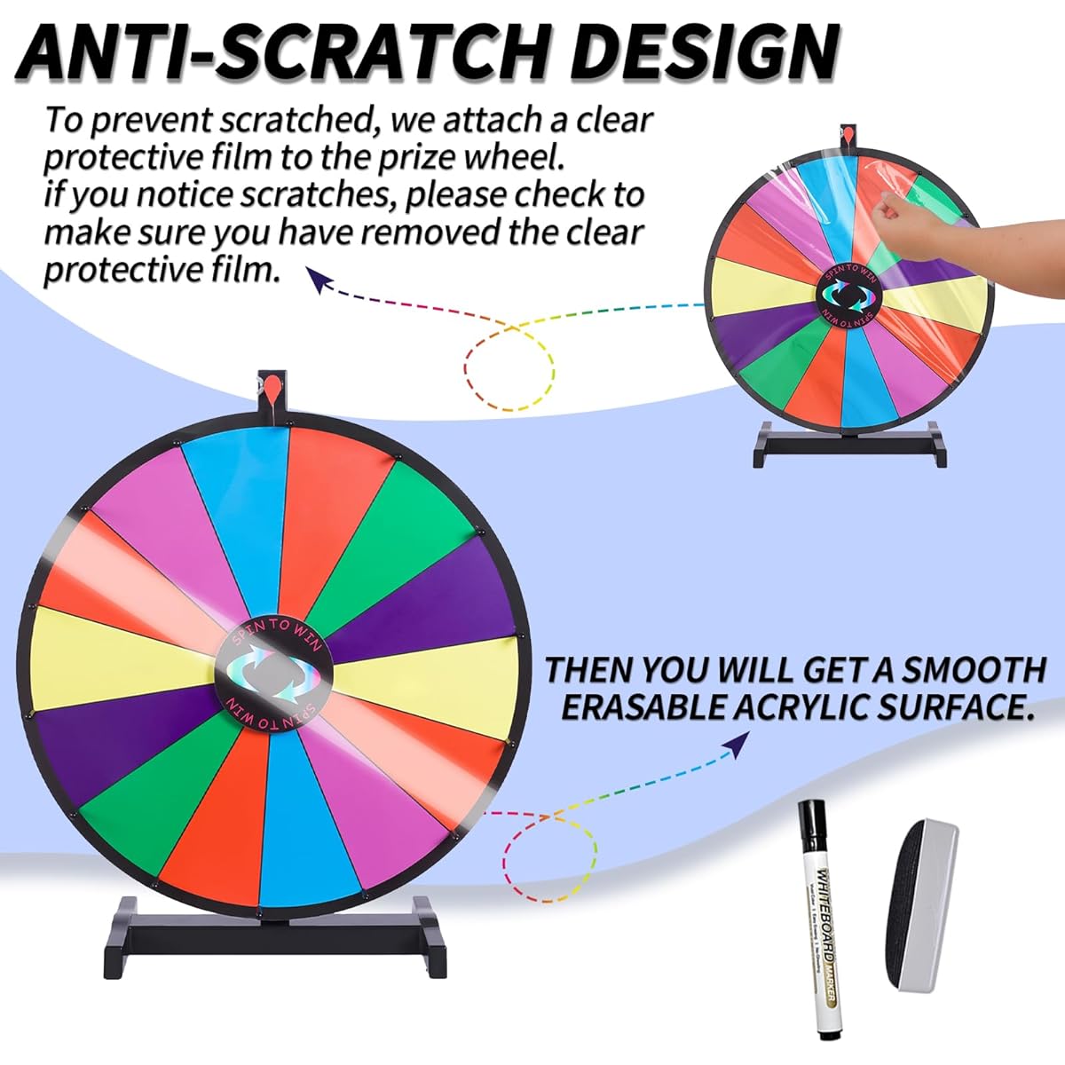 iElyiEsy 24" Spinning Prize Wheel of Fortune 14 Slot Spinner Wheel for Prizes with Stand, Dry Eraser and Marker Pens for Trade Show Carnival