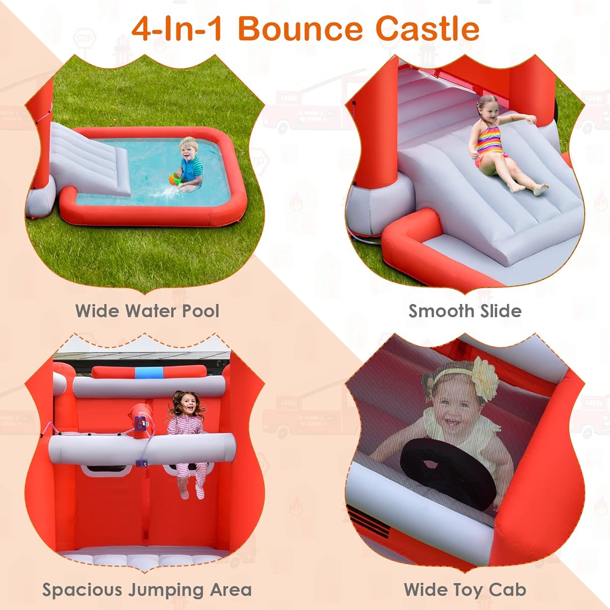 (Honey Joy) HONEY JOY Inflatable Water Slide Fire Truck Toddler Inflatable Water Park Giant Splash Pool Outdoor Water Bounce House Water Slide for Kids and Adults Backyard (With 480W Blower)