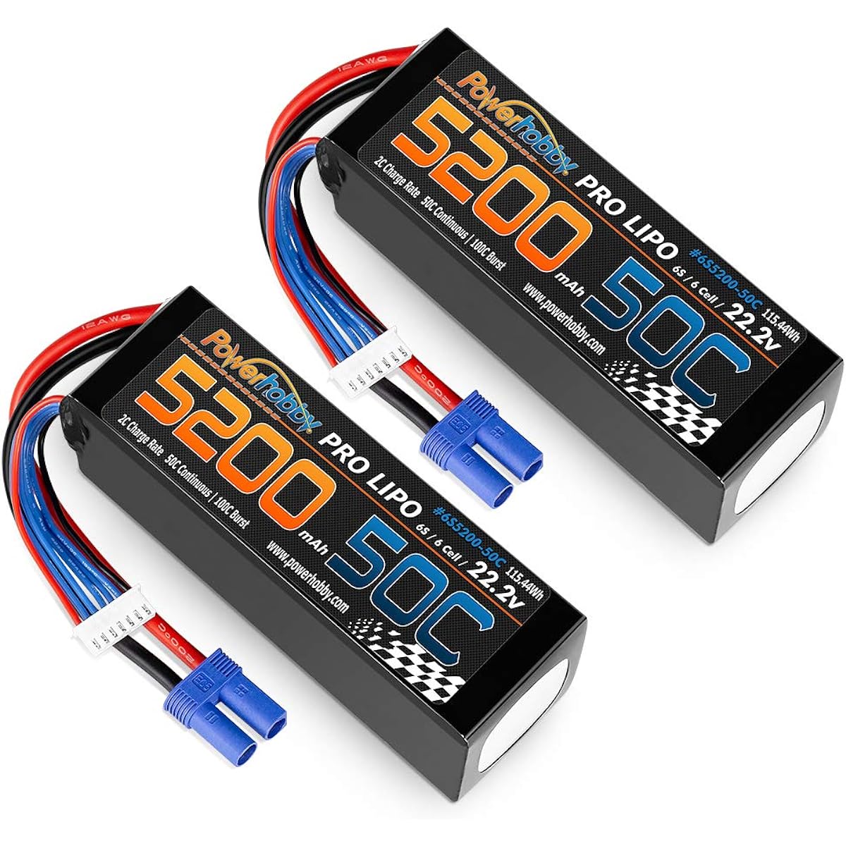 PowerHobby 6S 22.2V 5200mAh 50C Lipo Battery W EC5 Plug 6 Cells (2 Pack) Fits: Helicopter Heli Airplane Car