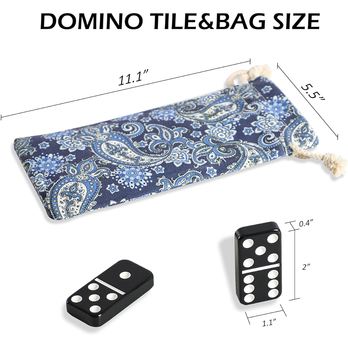 Domino Set for Adults Double 6 Domino & Tile Game 28 Large 2" Tiles Black with White Dots Paisley Canvas Bag English Instructions Family/Travel Board Game (2-4 Players)