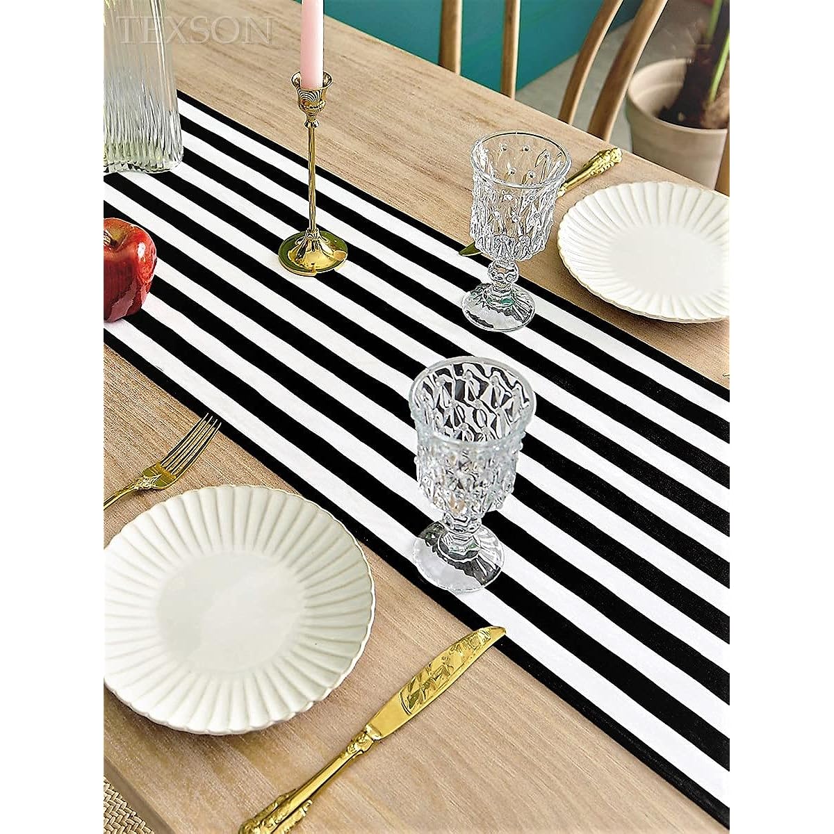 Texson 12" x 48" Black and White Striped Table Runner, Boho Cotton Black and White Table Runner, Modern Wedding Party Decorations for Outdoor, Indoor, Thanksgiving, Christmas, Birthday Parties