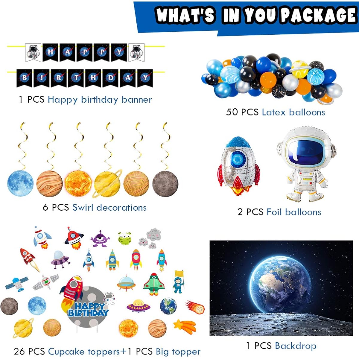 Space party supplies, 87 pcs party decorations. Rocket balloons, solar system swirl decorations, cupcake toppers, astronaut themed birthday banner, backdrop.