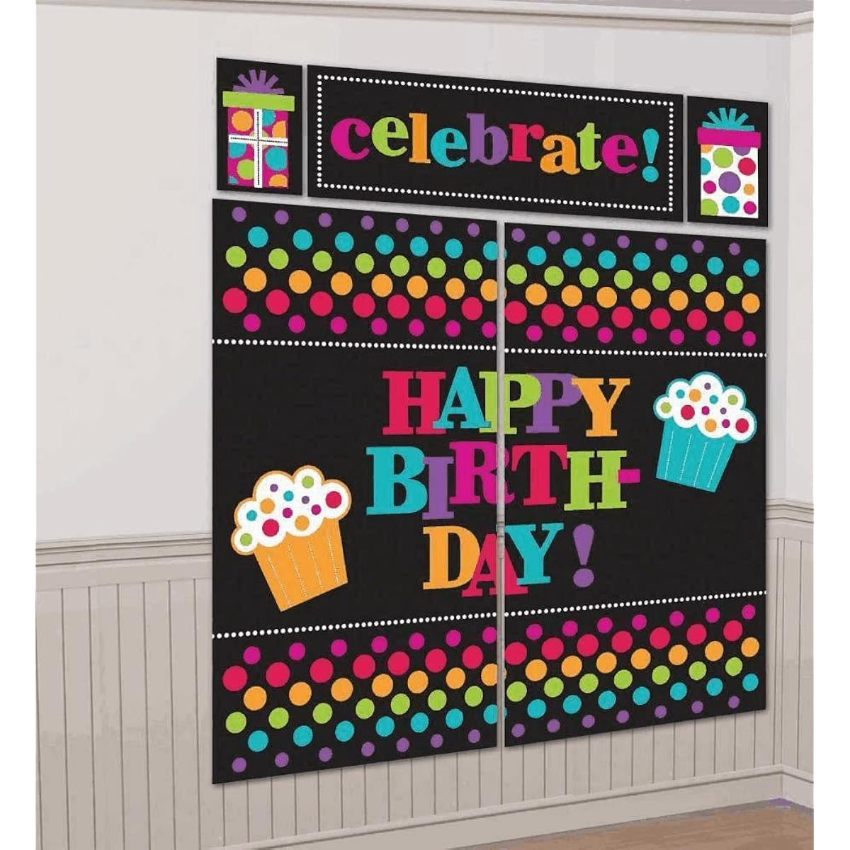 Party On Polka Dot Happy Birthday Scene Setters Wall Decoration Kit, 5 Pack, Multi, 59" x 65" Plastic