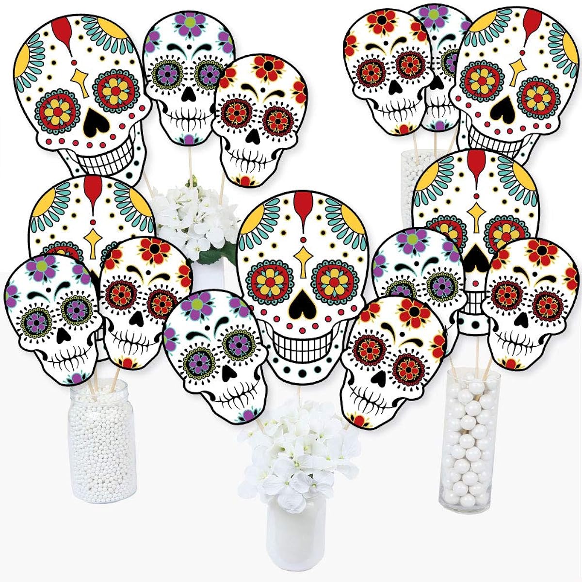 Big Dot of Happiness Day of the Dead - Halloween Sugar Skull Party Centerpiece Sticks - Table Toppers - Set of 15