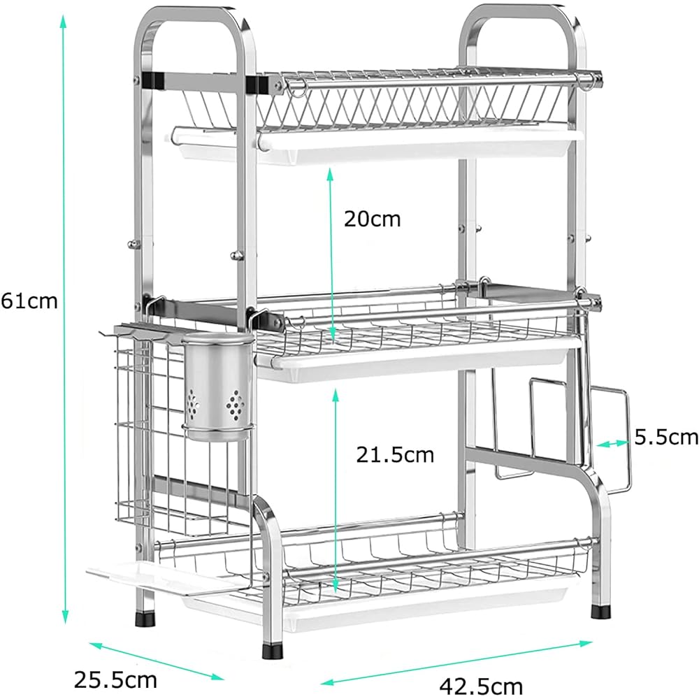 RiniroLis Drainer Rack, 3 Tier Type, Dish Drainer Basket, Stainless Steel Dish Rack, Drainer Basket, Kitchen Storage Rack, Large Capacity, Knife Stand, Cutting Board Rack, Chopstick Holder Included, Non-slip, Easy to Assemble, Japanese Instruction Manual