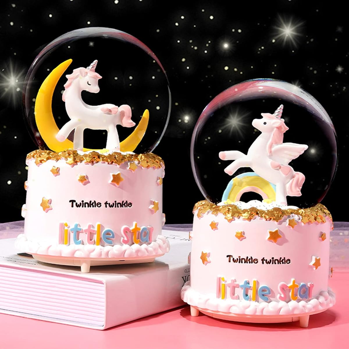 VECU Unicorn Snow Globe 100mm Automatic Snowing Cartoon Rainbow Music Box Home Decoration for Girls Kids Granddaughter Baby Birthday Gift Musical Resin/Glass (Automatic Snowing)