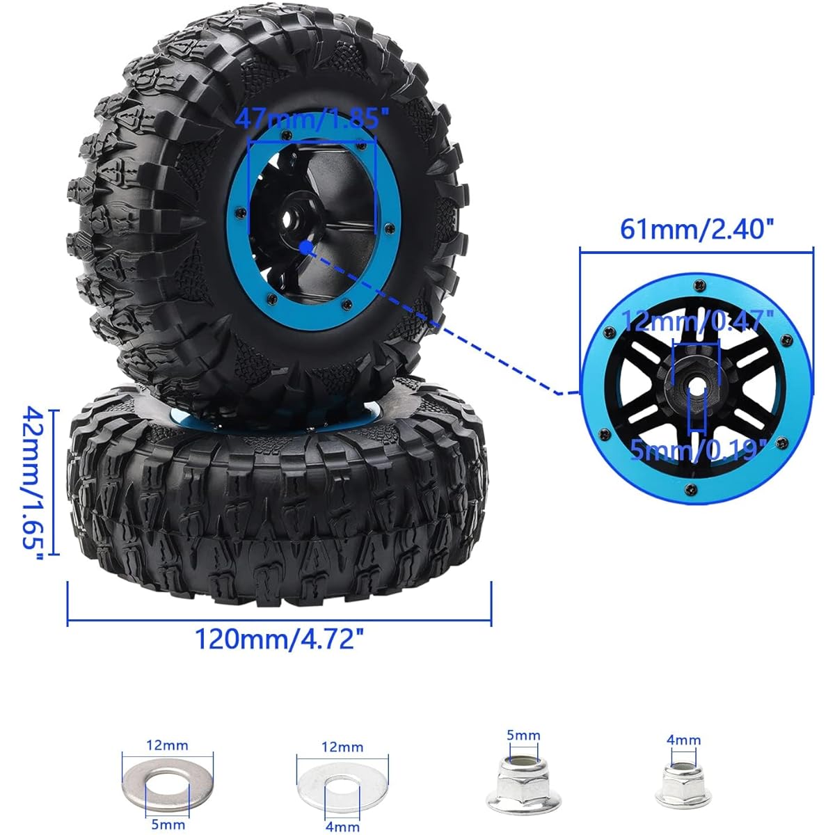 Rchobbytop 4Pcs Inflatable 2.2" RC Tires and Wheels Set Off-Road OD 120mm Tires for 1:10 Scale Monster Truck RC Rock Crawler Axial SCX10 SCX10 II 90046 90047 Traxxas TRX-4 (Blue)