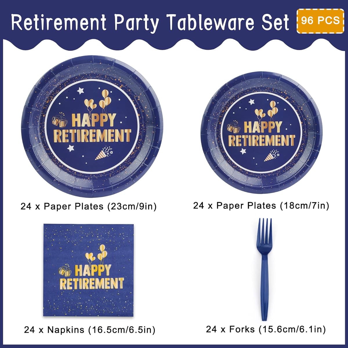 Retirement Party Decoration Plates and Napkins Set for Men Women Blue Gold Retirement Celebration Party Supplies Disposable Paper Plates Napkins with Forks Tableware for 24 Guests