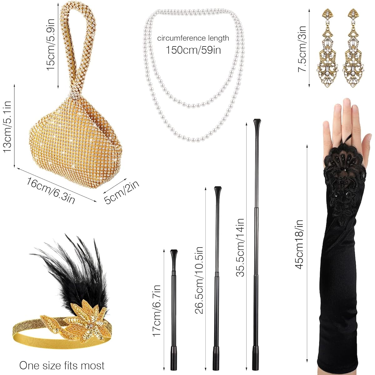 1920s Accessories Headband Necklace Gloves Earrings Long Holder Sparkly Glitter Purse Flapper Women Costume Accessories Set (Charming Style) Black