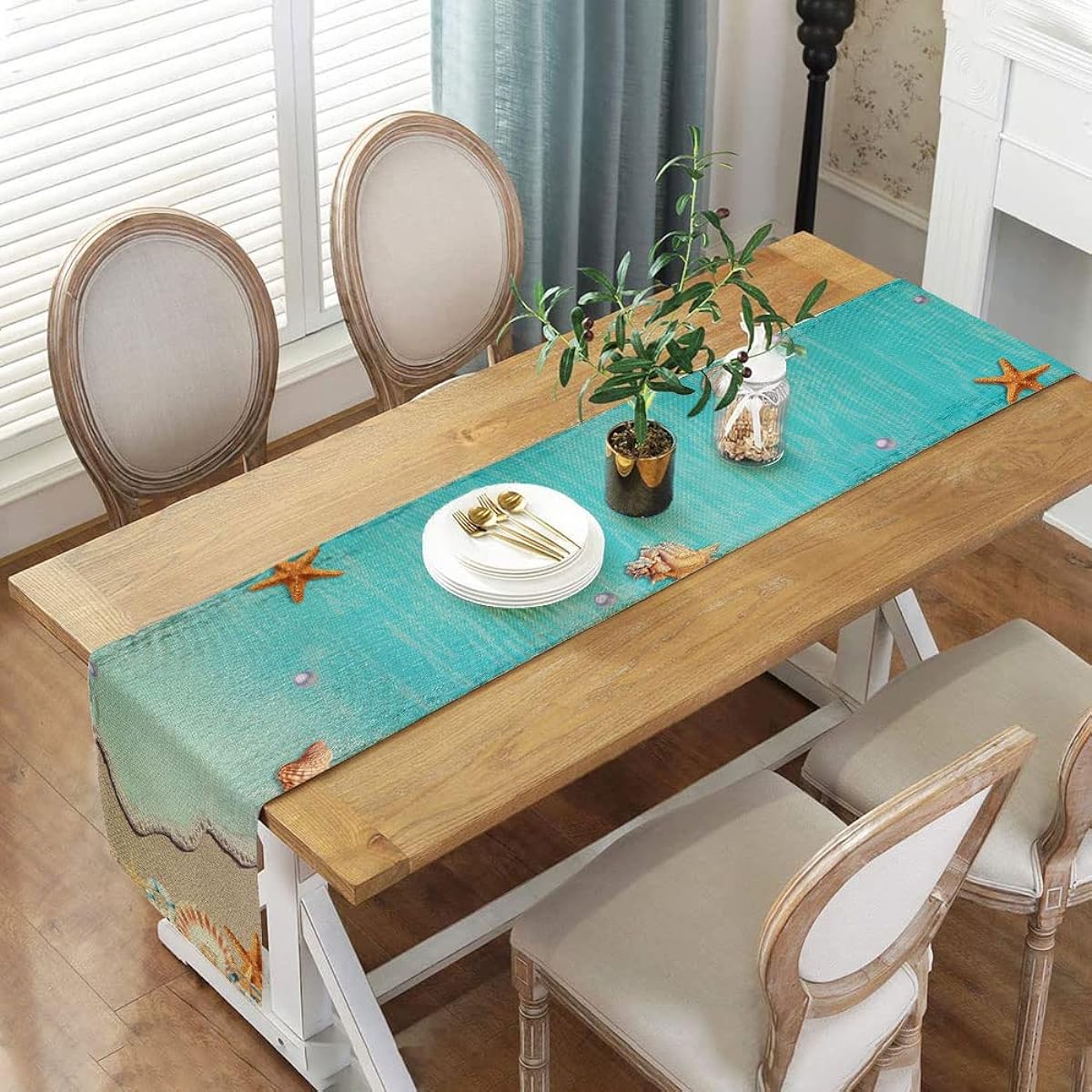 Summer Table Runner Tropical Ocean Beach Sea Starfish Shells Seahorse Linen Table Runner for Family Dinner/Wedding/Outdoor Indoor Party Holiday Kitchen Dining Table Decoration 13 x 72 Inch