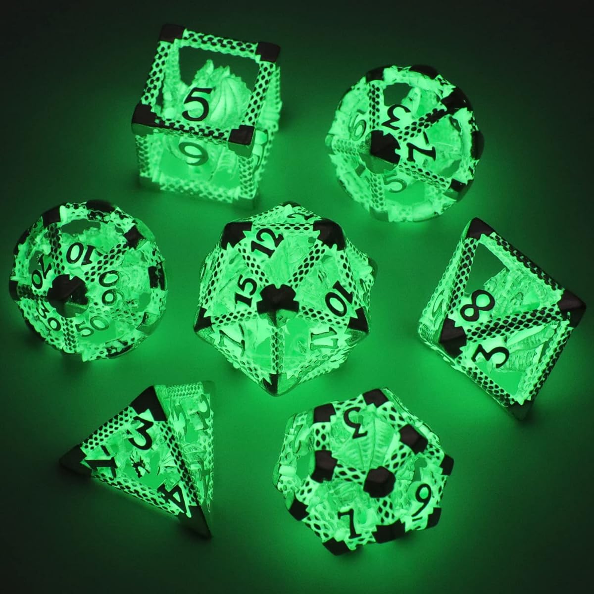 HNCCESG DND Dice Glow in the Dark DND Metal Dice Set Polyhedral Hollow Luminous RPG D&D Dice Dungeons & Dragons Role Playing MTG Table Game Pathfinder Warhammer Shadowrun (3D Green Light)