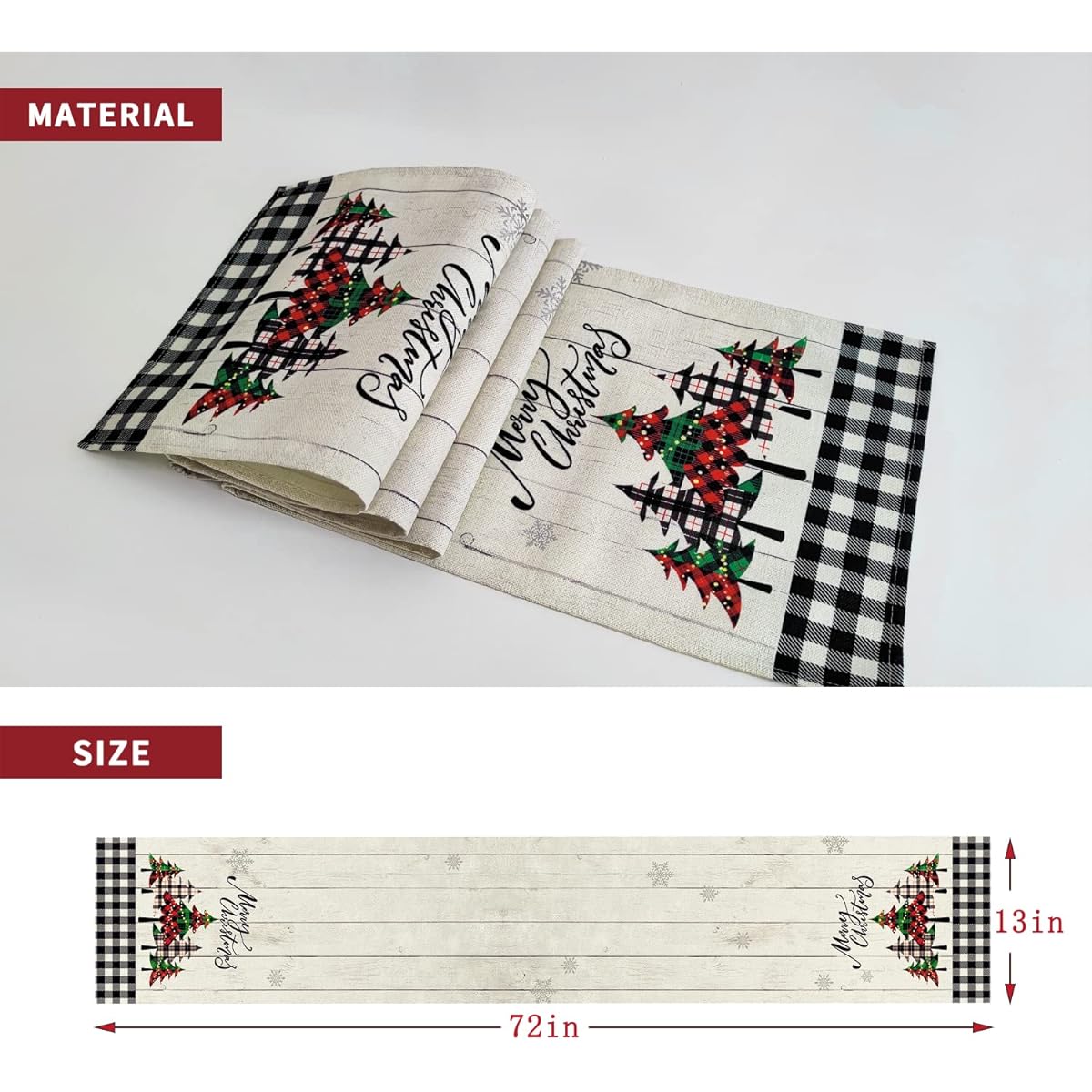 TPHIHPT Christmas Tree Table Runner 72 Inch Length Buffalo Check Merry Christmas Table Runner Holiday Table Runner Coffee Table Dining Table Dresser Runner Christmas Decoration Indoor